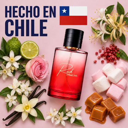 Perfume de nicho inspirado en Love Don't Be Shy hecho en Chile, con azahar, jazmín, rosa, pimienta rosa, malvaviscos, caramelo y vainilla