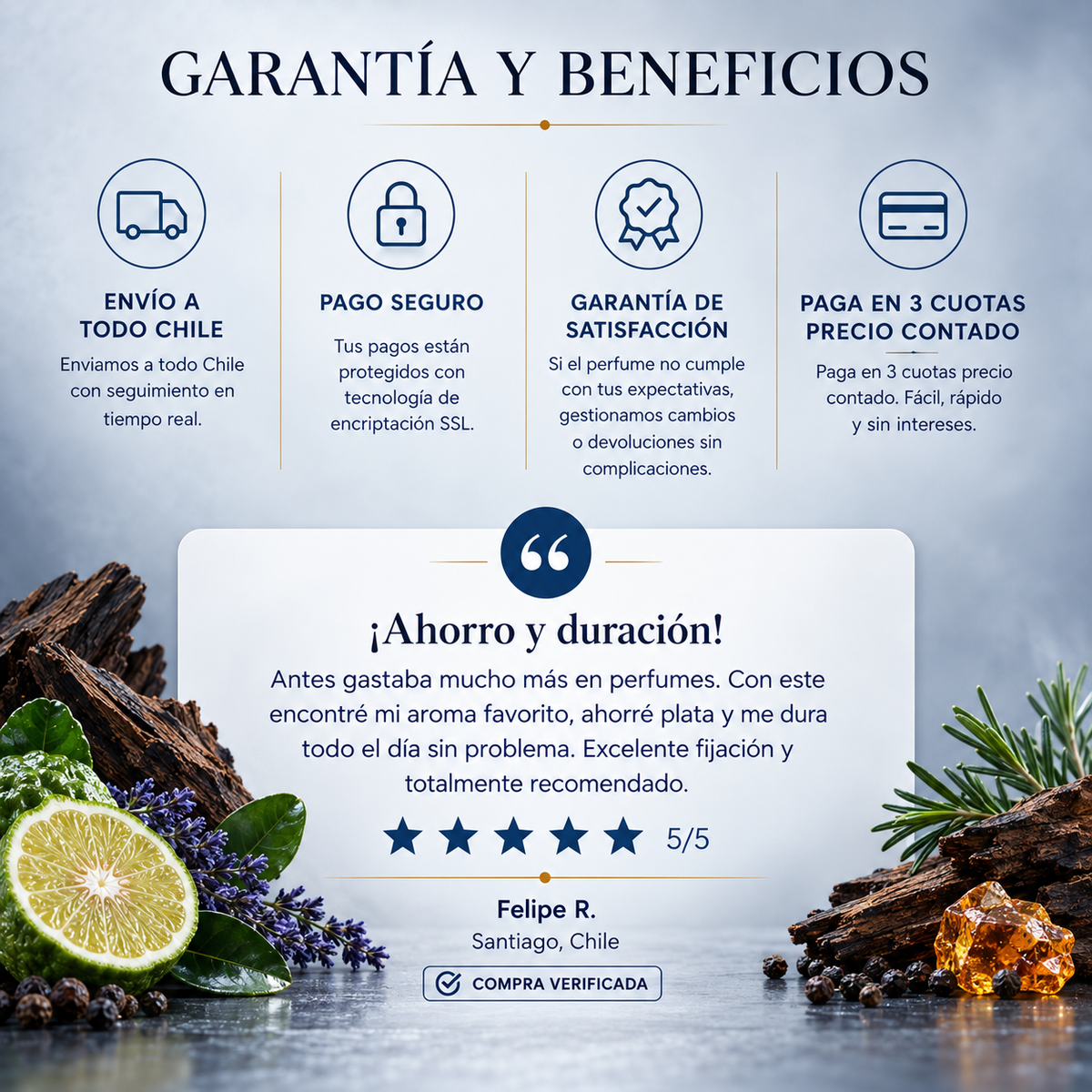 Garantía y beneficios: envío a todo Chile y pago en 3 cuotas, perfume inspirado en 212 Men