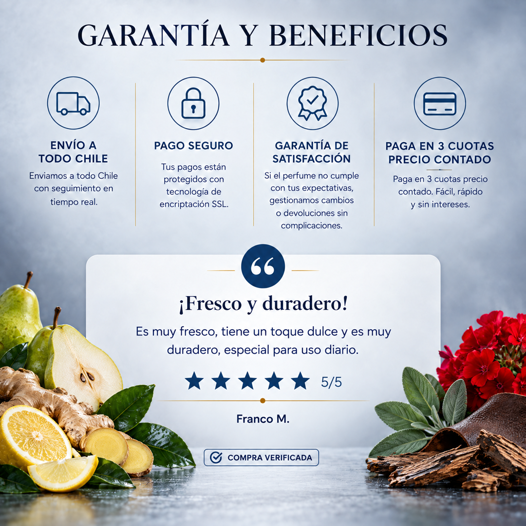 Garantía y beneficios con reseña de cliente, perfume inspirado en 212 Heroes