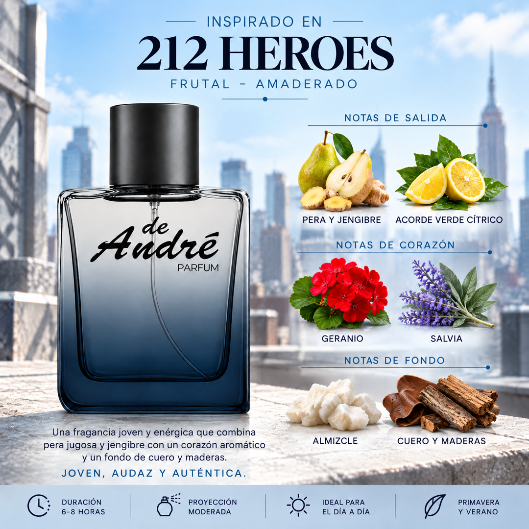 Notas olfativas del perfume inspirado en 212 Heroes: pera, jengibre, geranio, salvia, almizcle, cuero y maderas