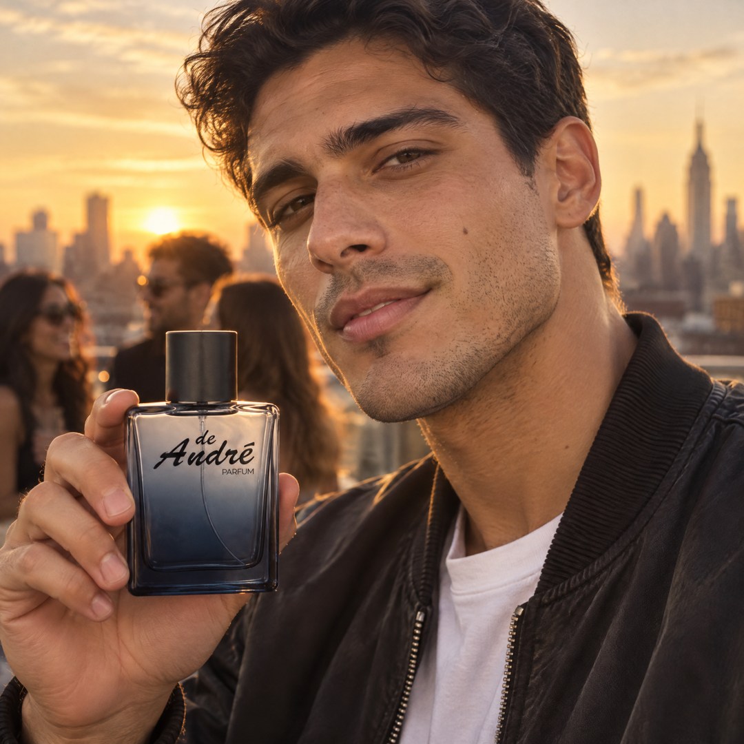 Hombre en una azotea de Nueva York al atardecer con el perfume inspirado en 212 de Perfumes Inferno