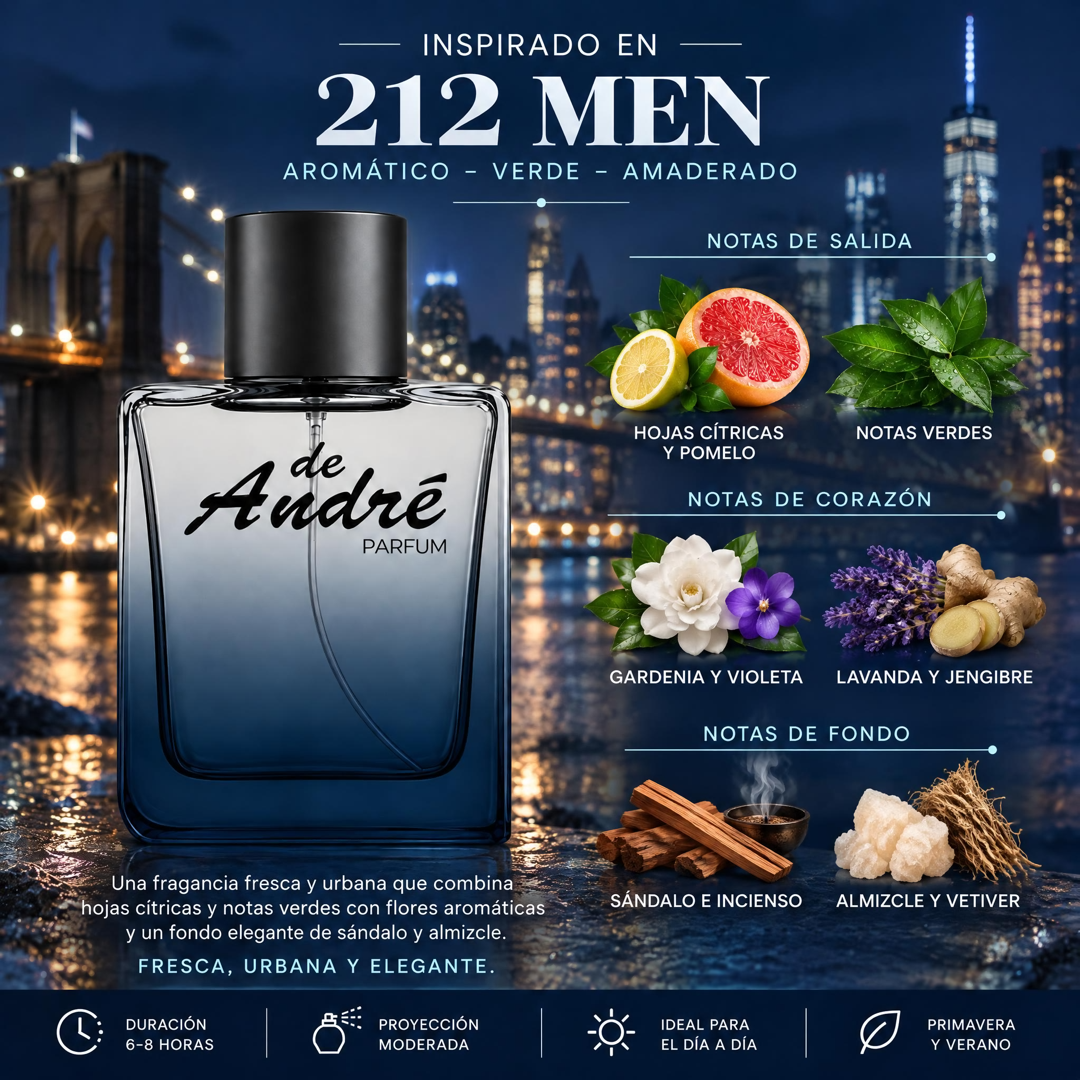 Notas olfativas del perfume inspirado en 212 Men: hojas cítricas, pomelo, notas verdes, gardenia, lavanda, jengibre, sándalo y almizcle