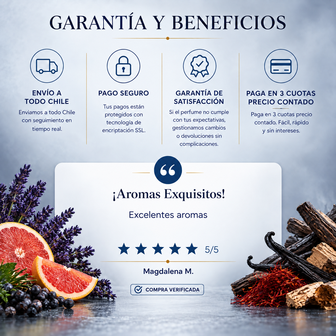 Garantía y beneficios con reseña de cliente, perfume inspirado en 212 VIP Black Elixir