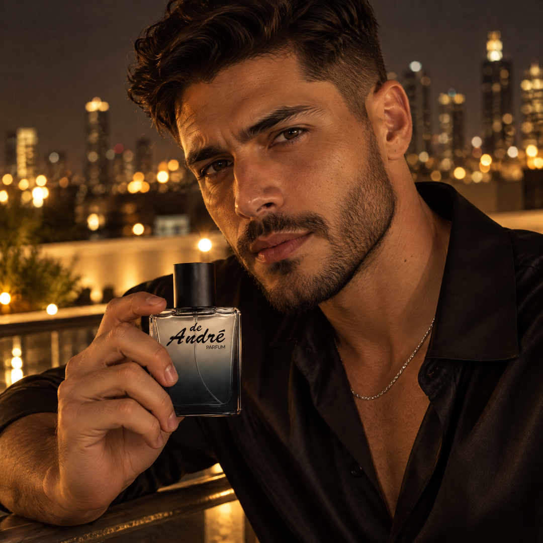 Hombre en un rooftop privado de noche con el perfume inspirado en 212 VIP Black Elixir de Perfumes Inferno