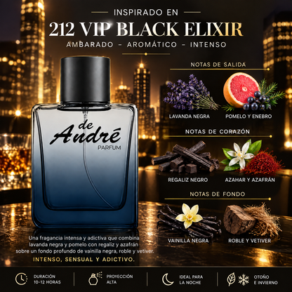 Notas olfativas del perfume inspirado en 212 VIP Black Elixir: lavanda negra, pomelo, enebro, regaliz negro, azahar, azafrán, vainilla negra, roble y vetiver