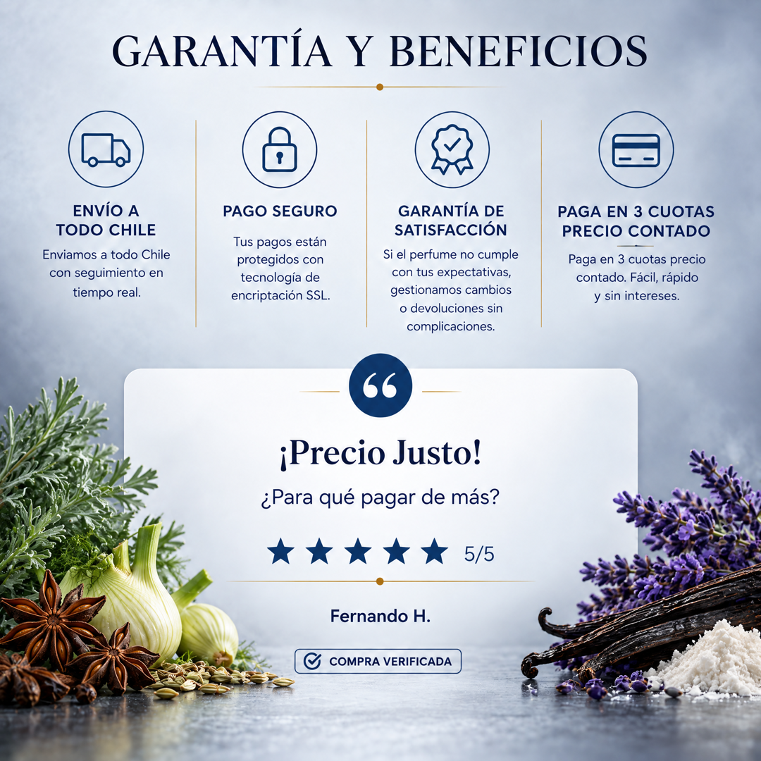 Garantía y beneficios con reseña de cliente, perfume inspirado en 212 VIP Black