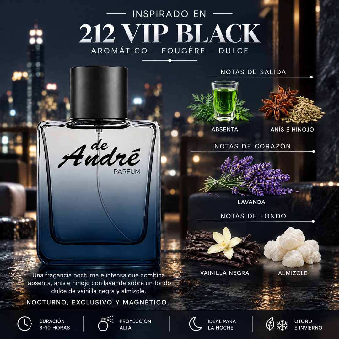 Notas olfativas del perfume inspirado en 212 VIP Black: absenta, anís e hinojo, lavanda, vainilla negra y almizcle