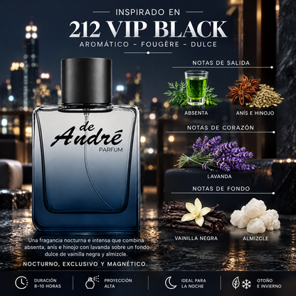 Notas olfativas del perfume inspirado en 212 VIP Black: absenta, anís e hinojo, lavanda, vainilla negra y almizcle