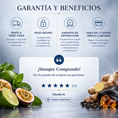 Garantía y beneficios con reseña de cliente, perfume inspirado en 212 VIP Men