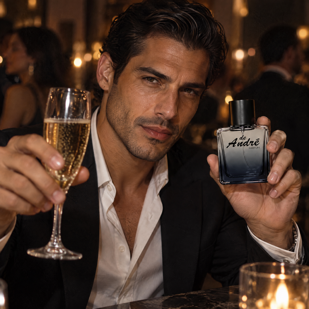 Hombre en una fiesta privada con champagne con el perfume inspirado en 212 VIP Men de Perfumes Inferno