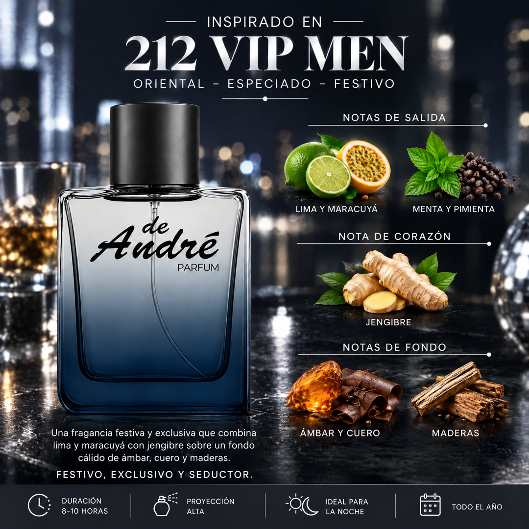 Notas olfativas del perfume inspirado en 212 VIP Men: lima, maracuyá, menta, pimienta, jengibre, ámbar, cuero y maderas