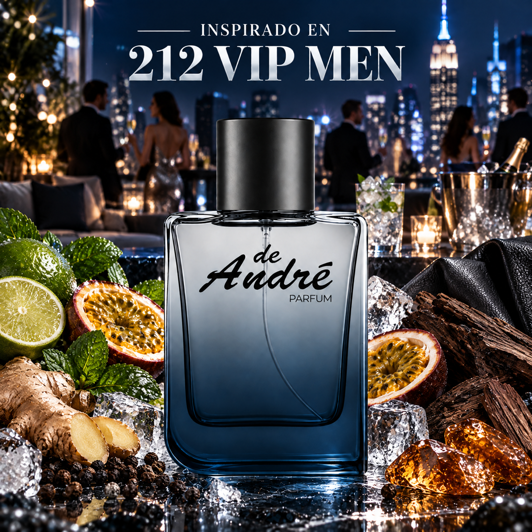 Perfume de hombre inspirado en 212 VIP Men con lima, maracuyá, jengibre, ámbar y cuero