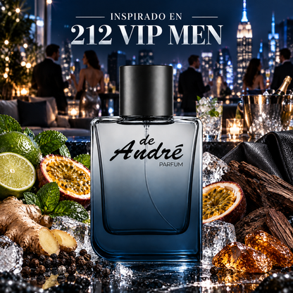 Perfume de hombre inspirado en 212 VIP Men con lima, maracuyá, jengibre, ámbar y cuero