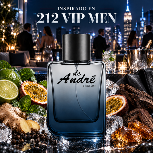 Perfume de hombre inspirado en 212 VIP Men con lima, maracuyá, jengibre, ámbar y cuero