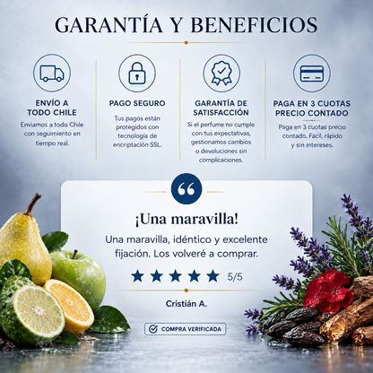 Garantía y beneficios con reseña de cliente, perfume inspirado en Acqua di Giò Absolu