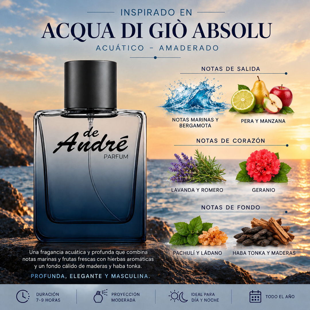 Notas olfativas del perfume inspirado en Acqua di Giò Absolu: notas marinas, bergamota, pera, lavanda, romero, pachulí y haba tonka