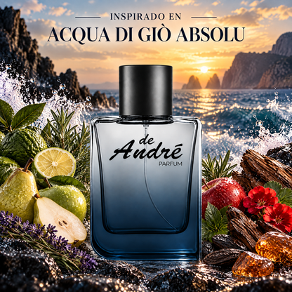 Perfume de hombre inspirado en Acqua di Giò Absolu con pera, bergamota, lavanda y maderas junto al mar