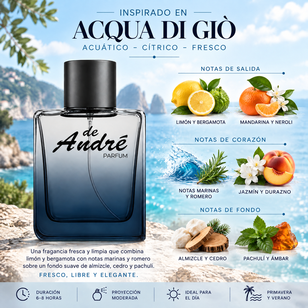 Notas olfativas del perfume inspirado en Acqua di Giò: limón, bergamota, mandarina, neroli, notas marinas, romero, jazmín, durazno, almizcle, cedro, pachulí y ámbar