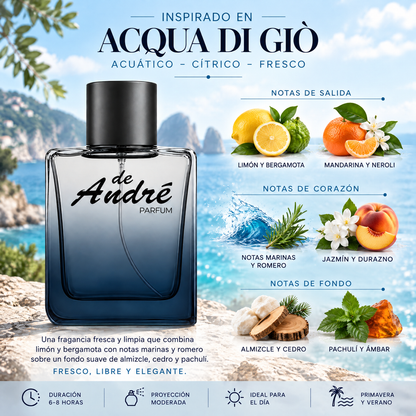 Notas olfativas del perfume inspirado en Acqua di Giò: limón, bergamota, mandarina, neroli, notas marinas, romero, jazmín, durazno, almizcle, cedro, pachulí y ámbar