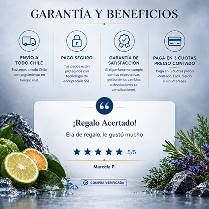 Garantía y beneficios con reseña de cliente, perfume inspirado en Acqua di Giò Profondo