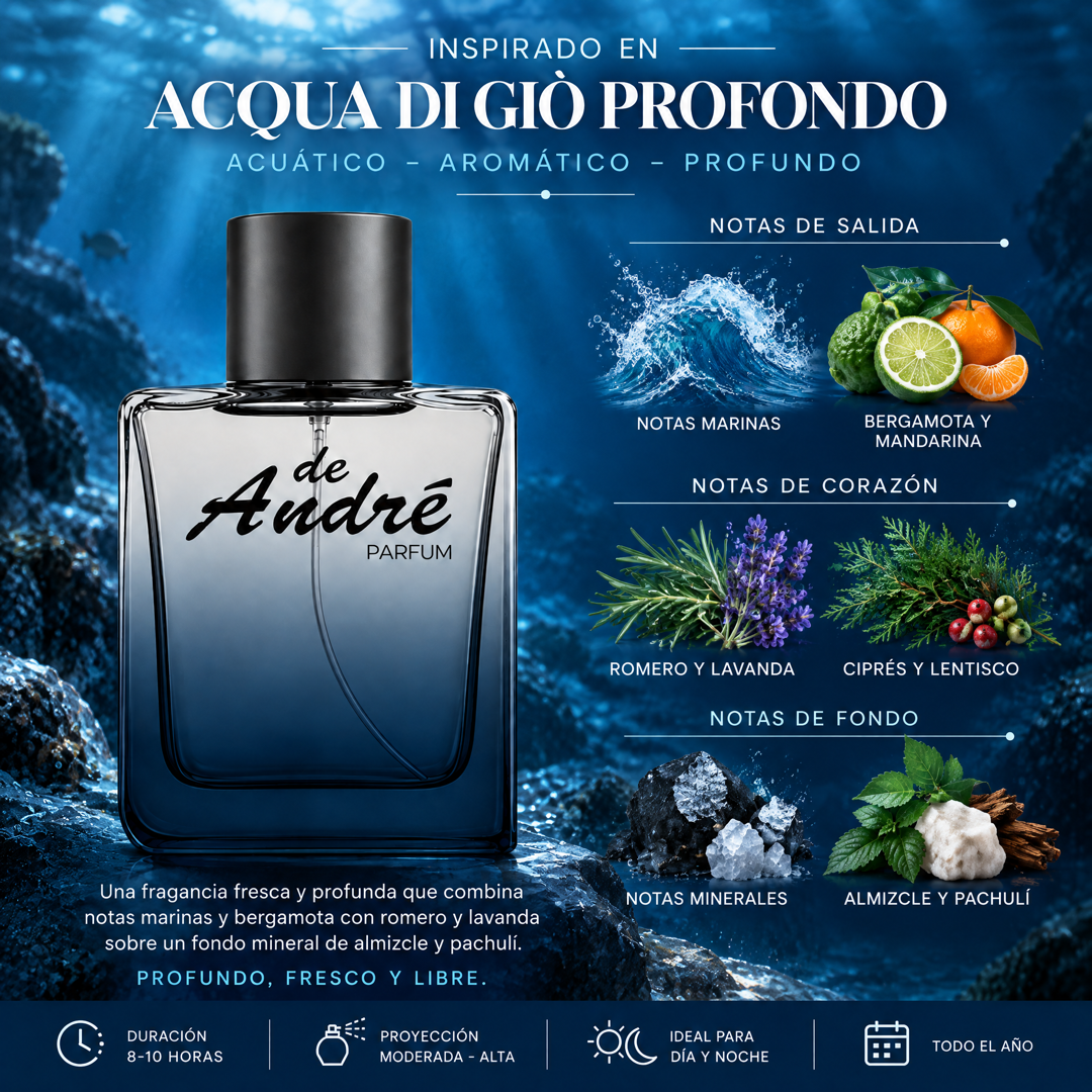 Notas olfativas del perfume inspirado en Acqua di Giò Profondo: notas marinas, bergamota, mandarina, romero, lavanda, ciprés, lentisco, notas minerales, almizcle y pachulí