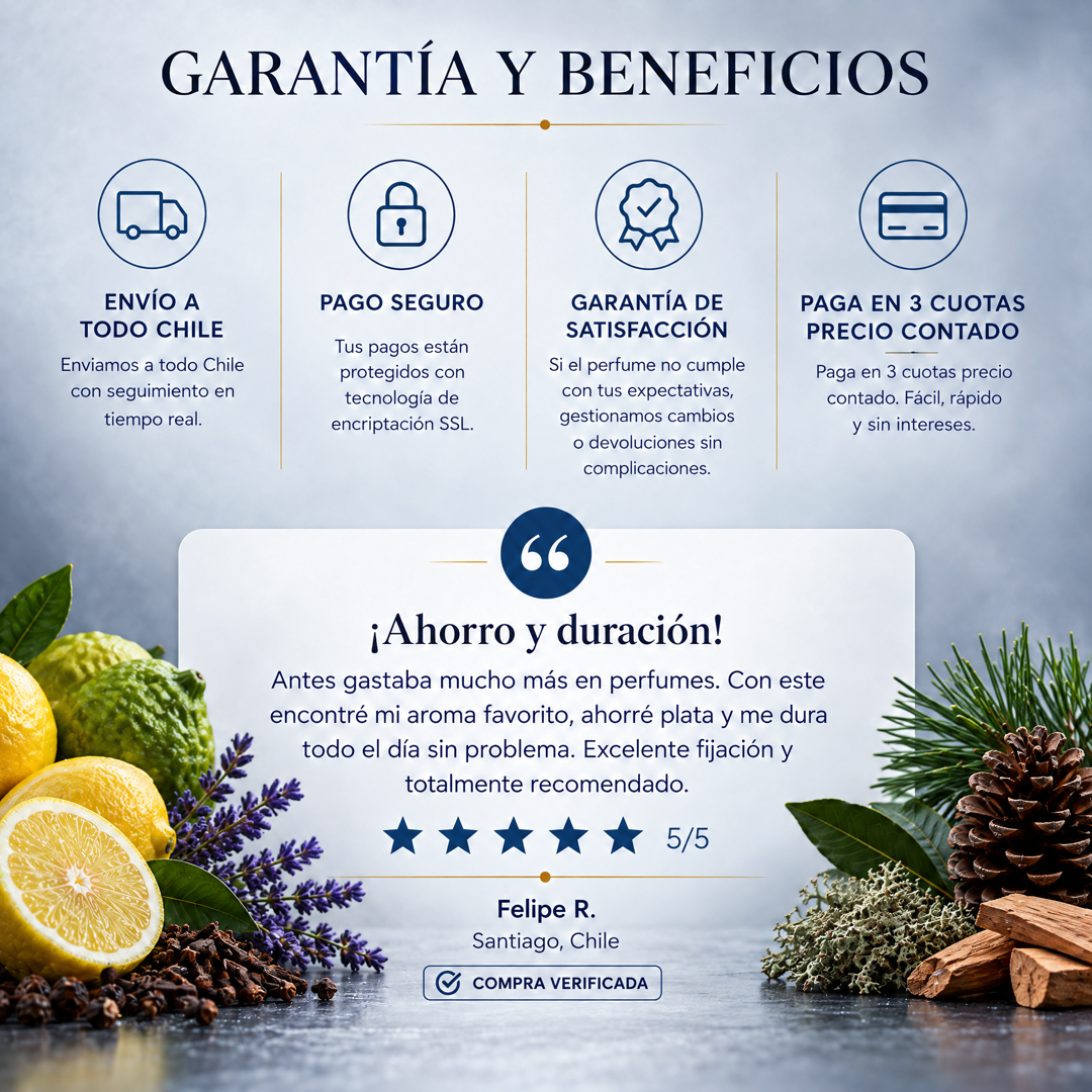 Garantía y beneficios: envío a todo Chile y pago en 3 cuotas, perfume inspirado en Agua Brava