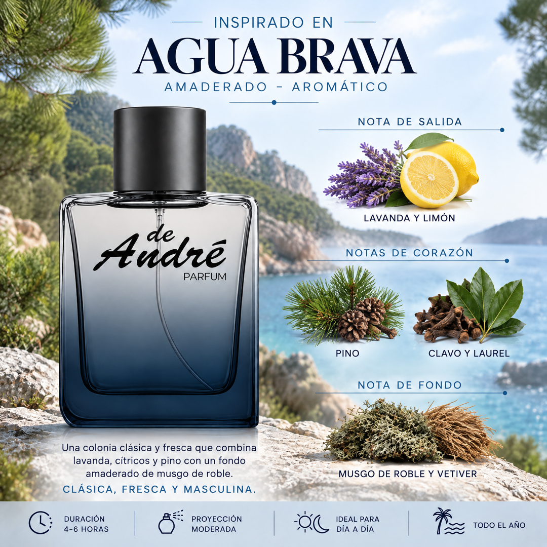 Notas olfativas del perfume inspirado en Agua Brava: lavanda, limón, pino, clavo, laurel, musgo de roble y vetiver