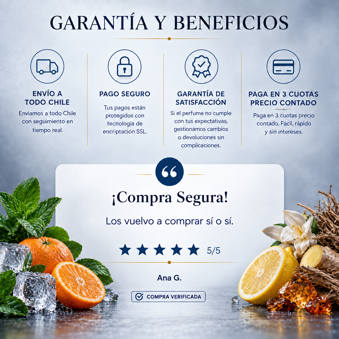 Garantía y beneficios con reseña de cliente, perfume inspirado en Armani Code Sport