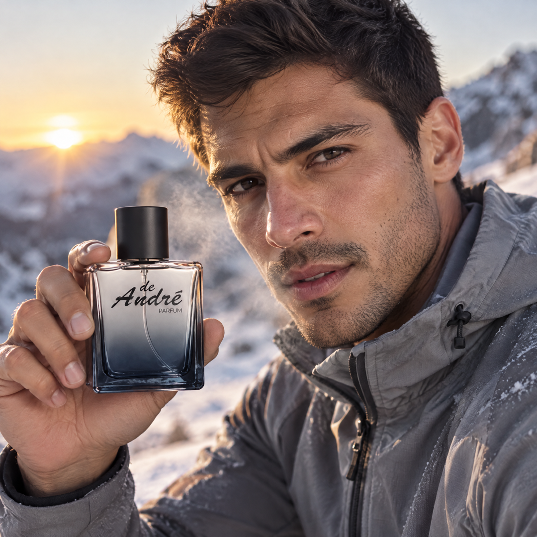 Hombre en una montaña nevada al amanecer con el perfume inspirado en Armani Code Sport de Perfumes Inferno