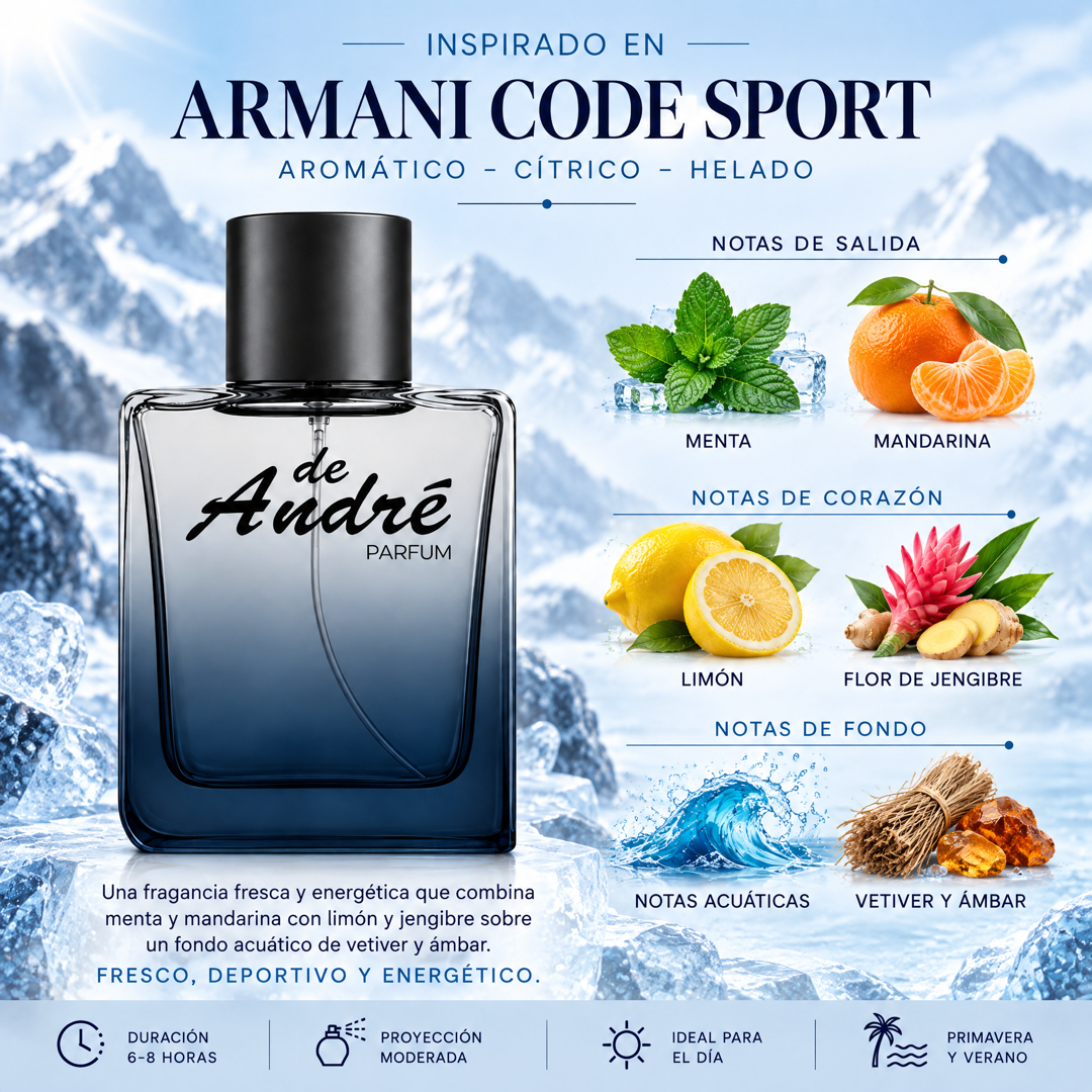 Notas olfativas del perfume inspirado en Armani Code Sport: menta, mandarina, limón, flor de jengibre, notas acuáticas, vetiver y ámbar