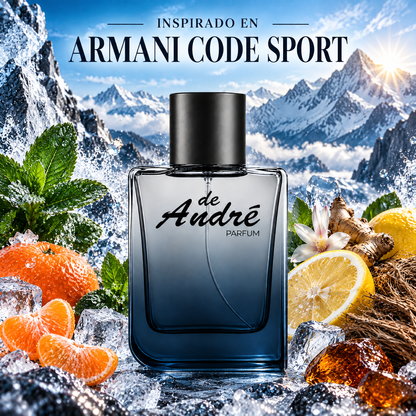 Perfume de hombre inspirado en Armani Code Sport con menta, mandarina, limón, jengibre y vetiver
