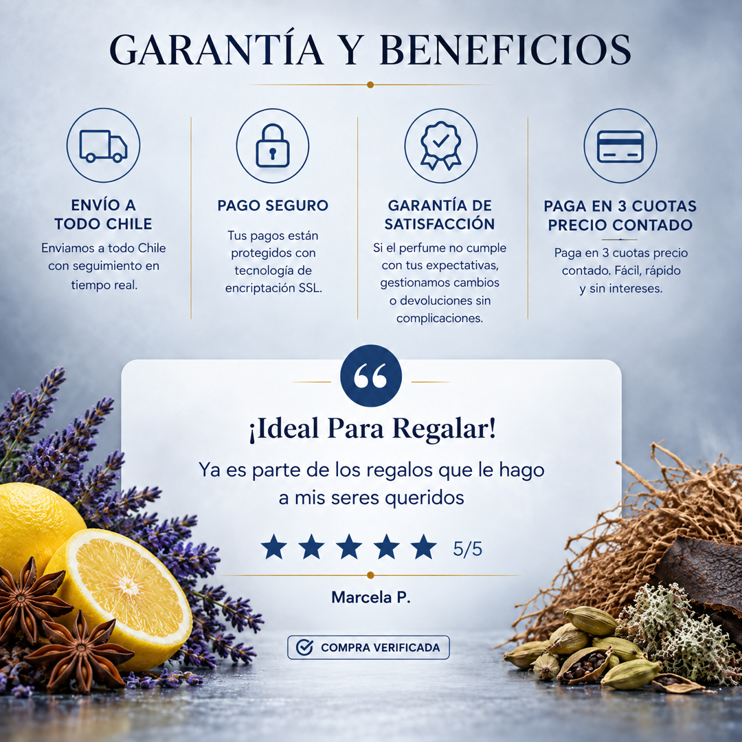 Garantía y beneficios con reseña de cliente, perfume inspirado en Azzaro pour Homme