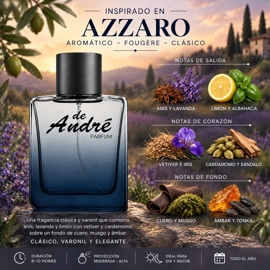 Notas olfativas del perfume inspirado en Azzaro pour Homme: anís, lavanda, limón, albahaca, vetiver e iris, cardamomo, sándalo, cuero, musgo, ámbar y tonka