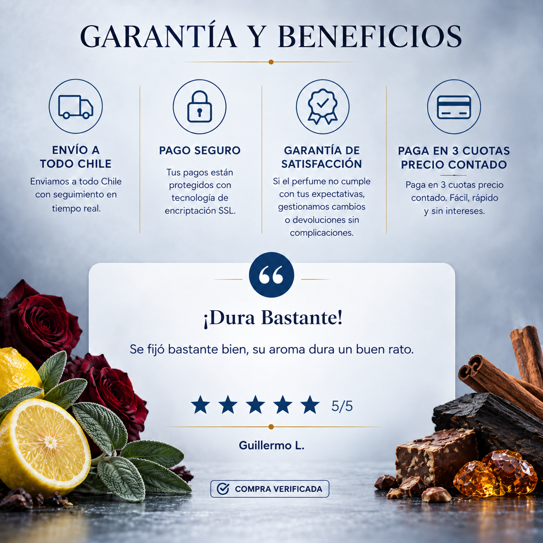Garantía y beneficios con reseña de cliente, perfume inspirado en Black XS