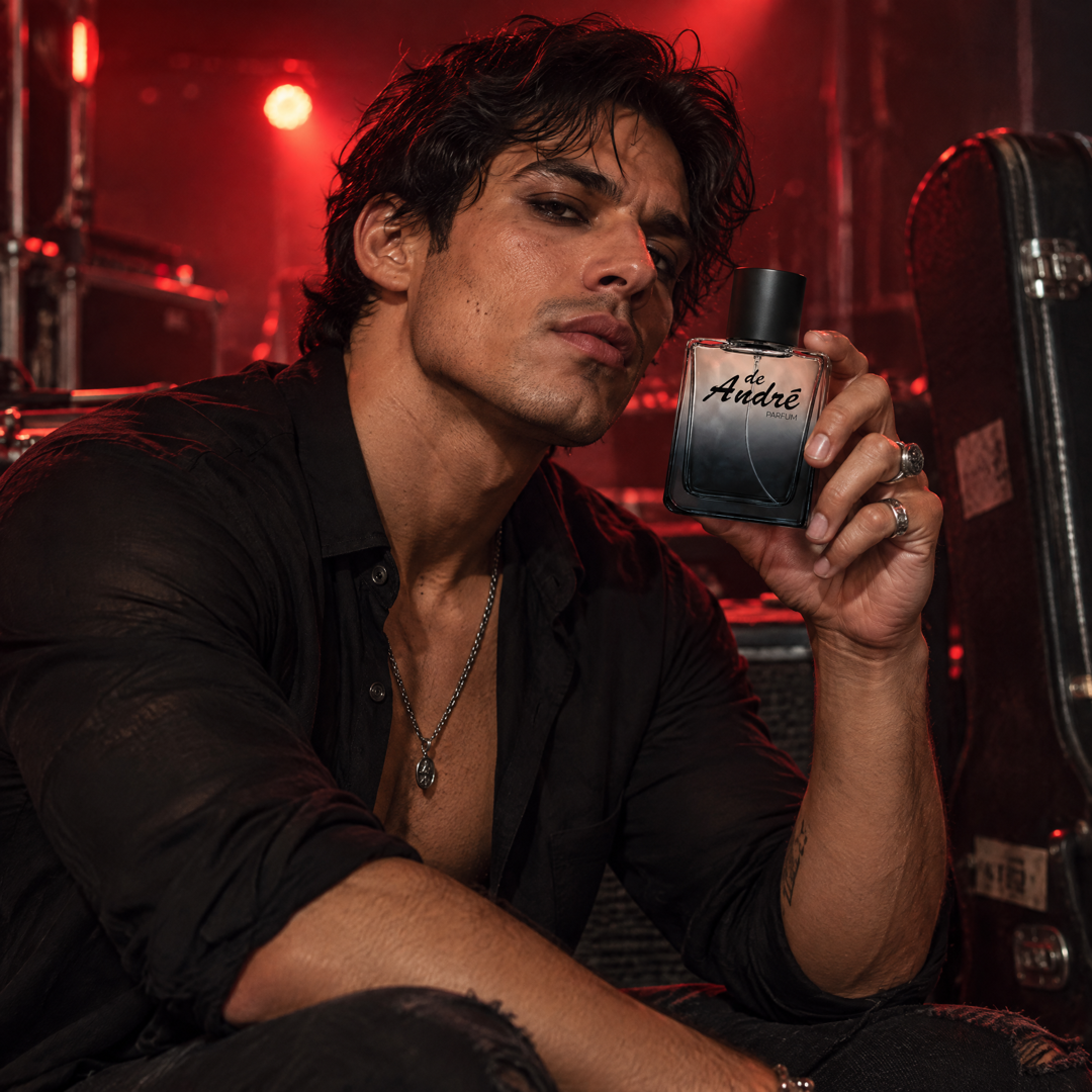 Hombre en el backstage de un concierto de rock con el perfume inspirado en Black XS de Paco Rabanne de Perfumes Inferno