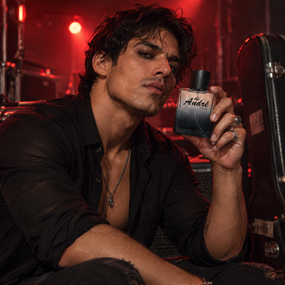Hombre en el backstage de un concierto de rock con el perfume inspirado en Black XS de Paco Rabanne de Perfumes Inferno
