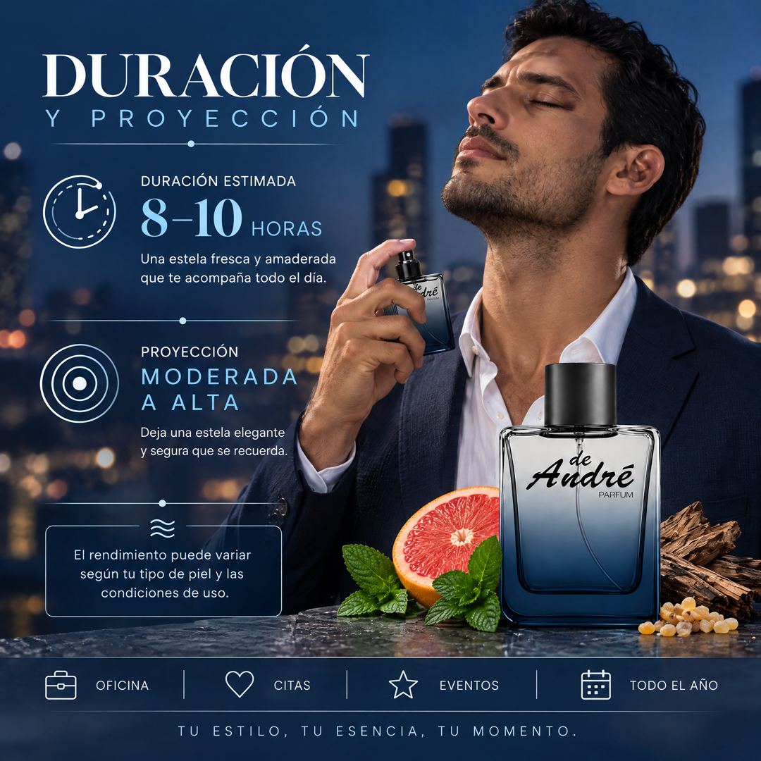 Duración de 8 a 10 horas y proyección moderada a alta del perfume de hombre inspirado en Bleu de Chanel