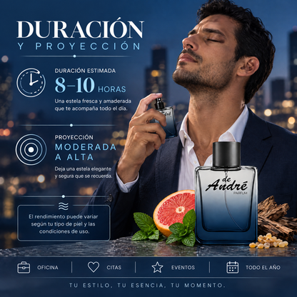 Duración de 8 a 10 horas y proyección moderada a alta del perfume de hombre inspirado en Bleu de Chanel