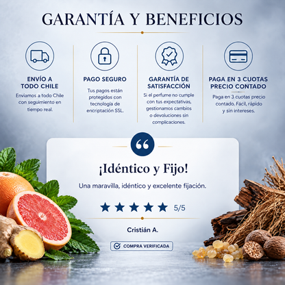 Garantía y beneficios con reseña de cliente, perfume inspirado en Bleu de Chanel