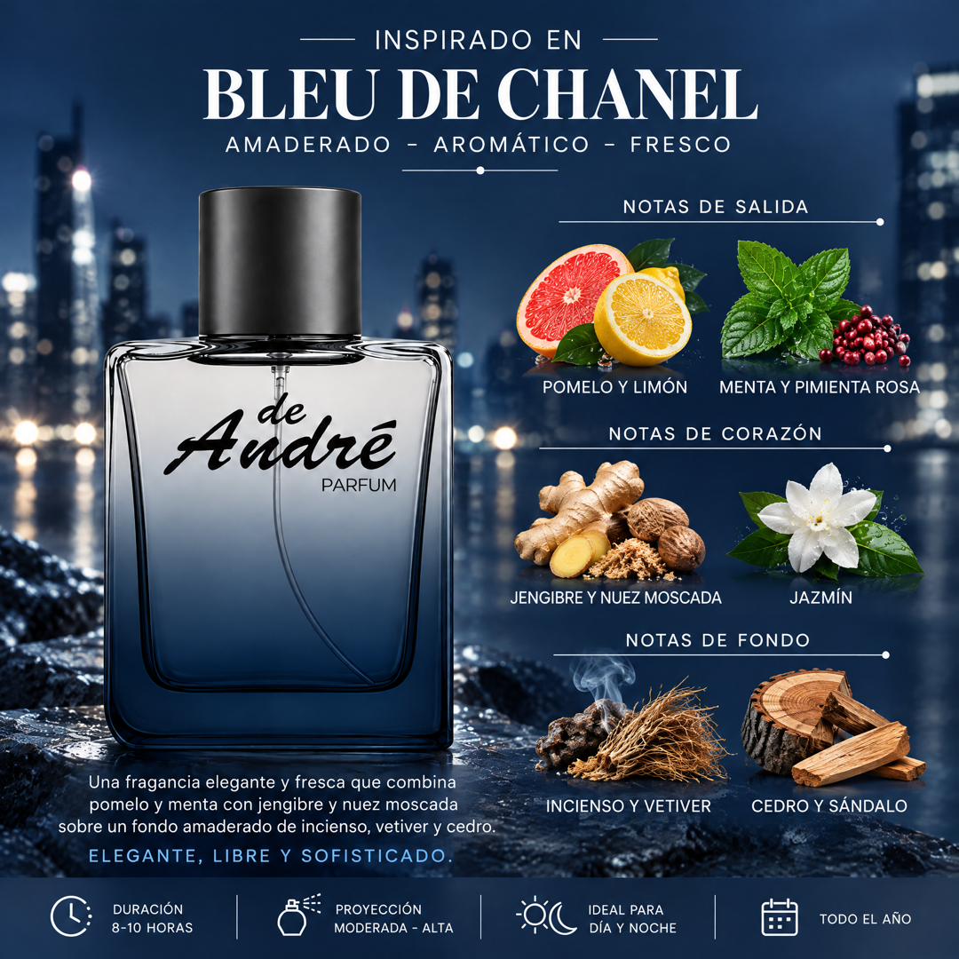 Notas olfativas del perfume inspirado en Bleu de Chanel: pomelo, limón, menta, pimienta rosa, jengibre, nuez moscada, jazmín, incienso, vetiver, cedro y sándalo