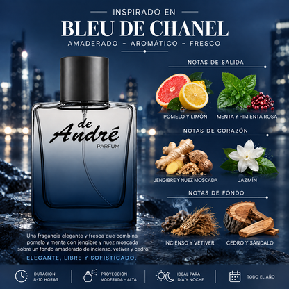 Notas olfativas del perfume inspirado en Bleu de Chanel: pomelo, limón, menta, pimienta rosa, jengibre, nuez moscada, jazmín, incienso, vetiver, cedro y sándalo