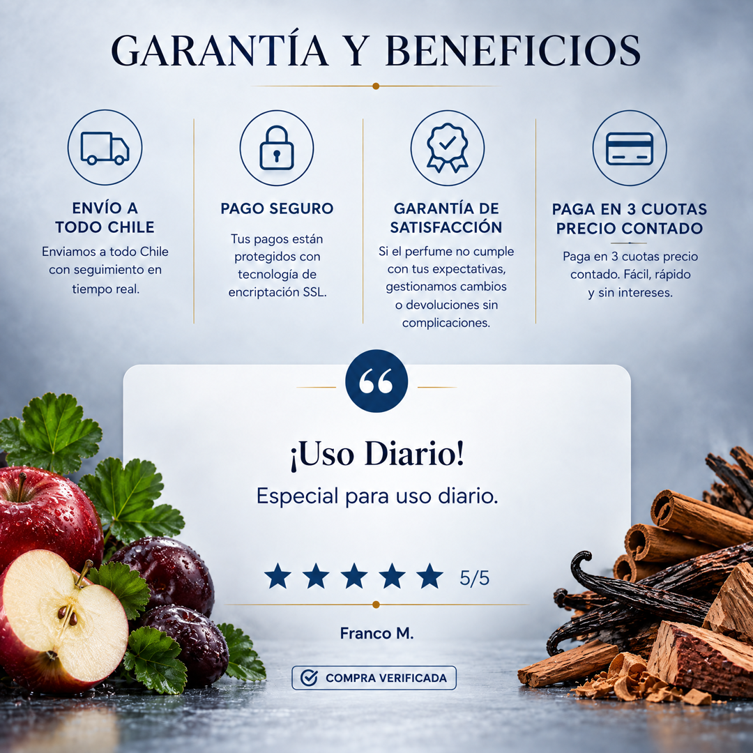 Garantía y beneficios con reseña de cliente, perfume inspirado en Boss Bottled
