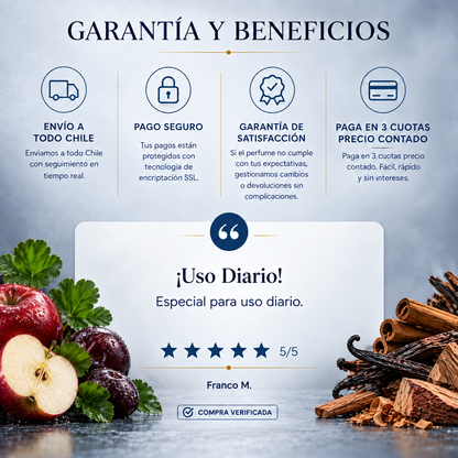 Garantía y beneficios con reseña de cliente, perfume inspirado en Boss Bottled