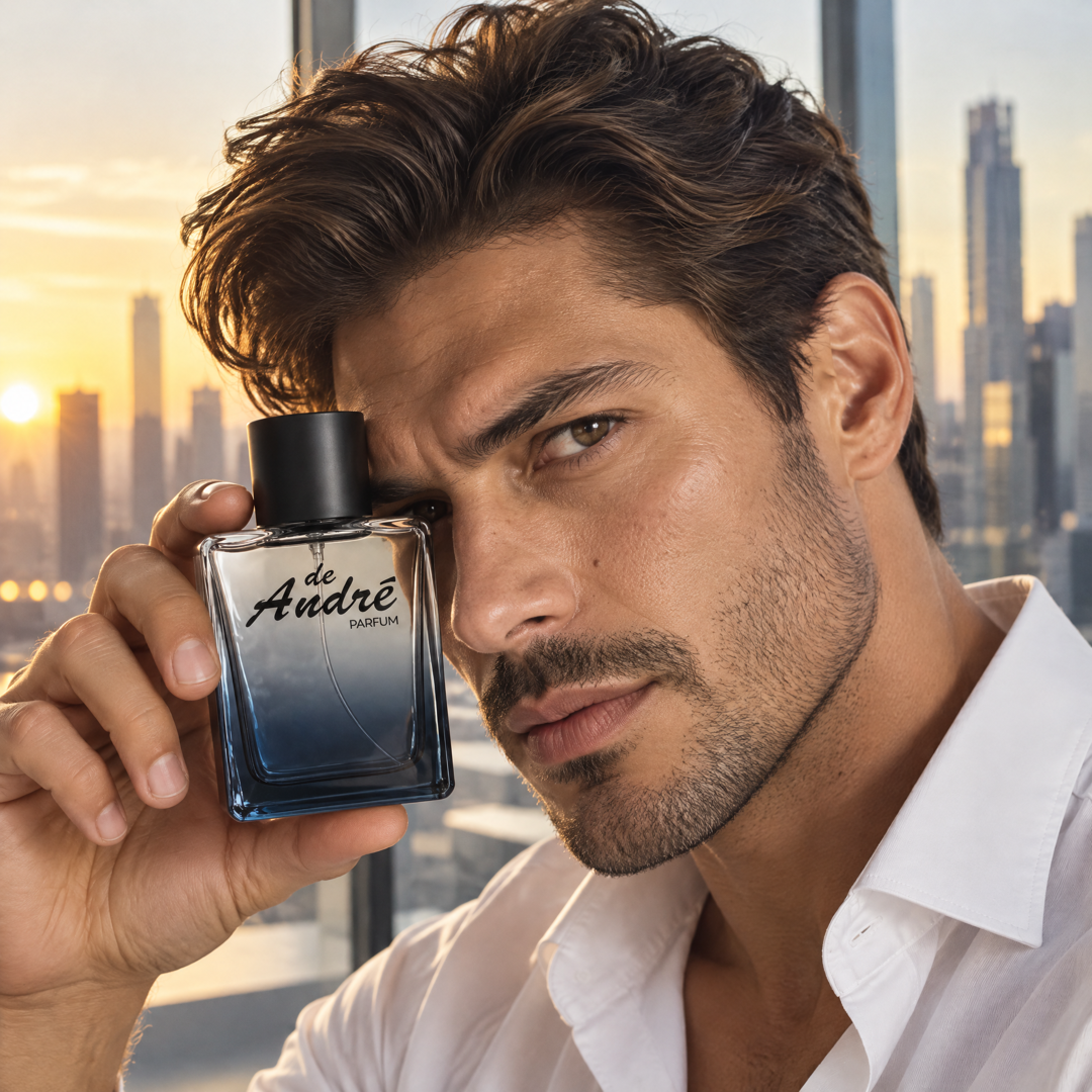 Hombre en una oficina al amanecer sosteniendo el perfume inspirado en Boss Bottled de Perfumes Inferno