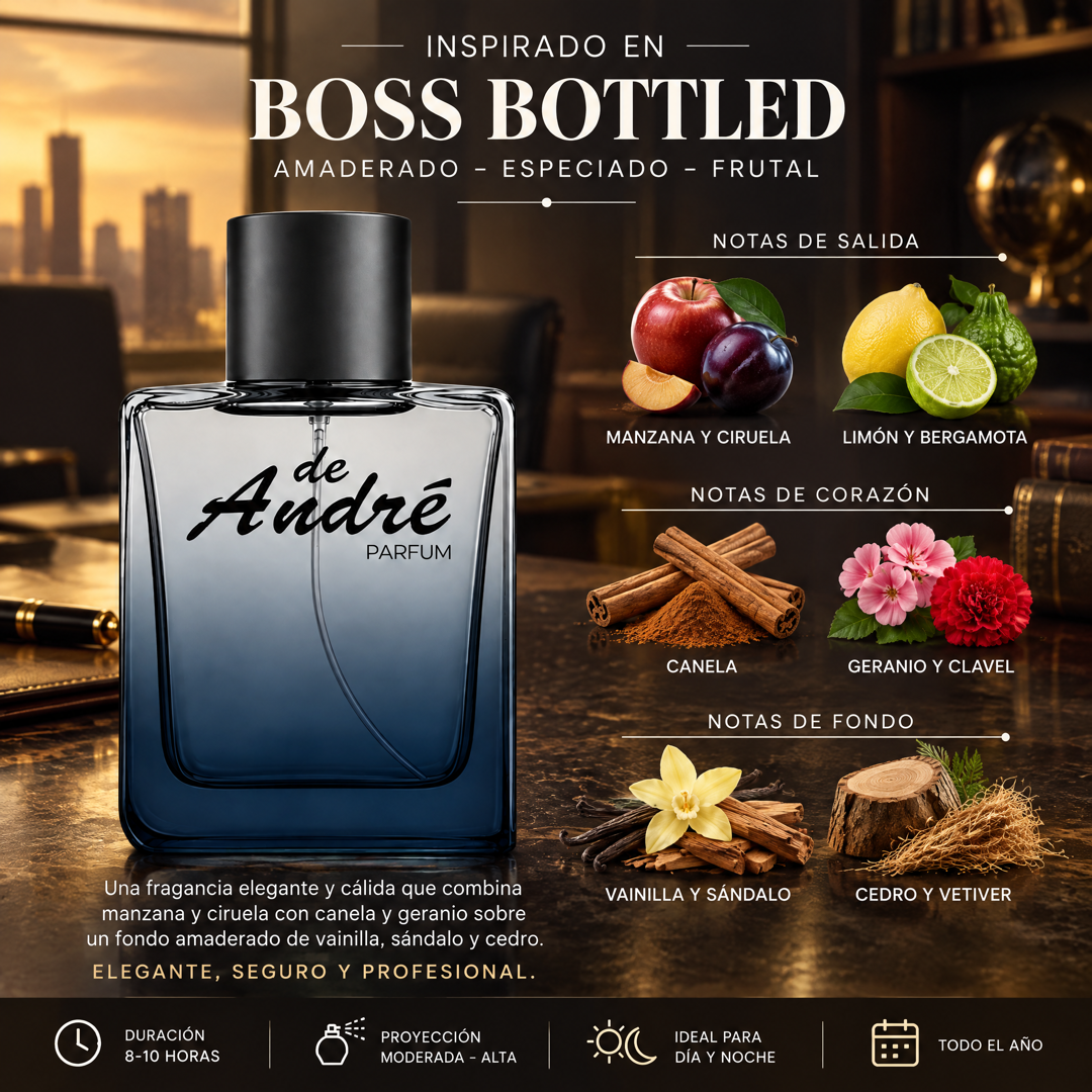 Notas olfativas del perfume inspirado en Boss Bottled: manzana, ciruela, limón, bergamota, canela, geranio, clavel, vainilla, sándalo, cedro y vetiver