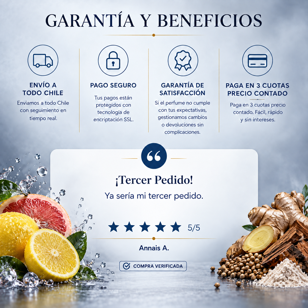 Garantía y beneficios con reseña de cliente, perfume inspirado en Boss Element