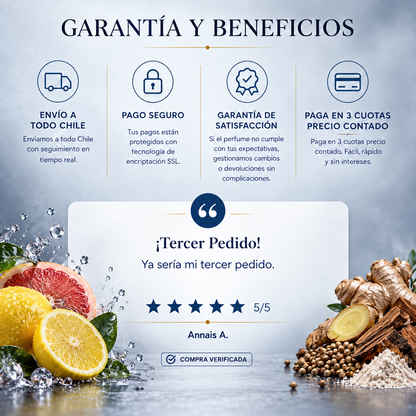Garantía y beneficios con reseña de cliente, perfume inspirado en Boss Element