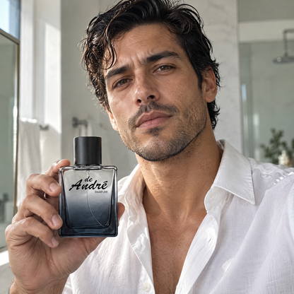 Hombre en un baño minimalista por la mañana con el perfume inspirado en Boss Element de Perfumes Inferno