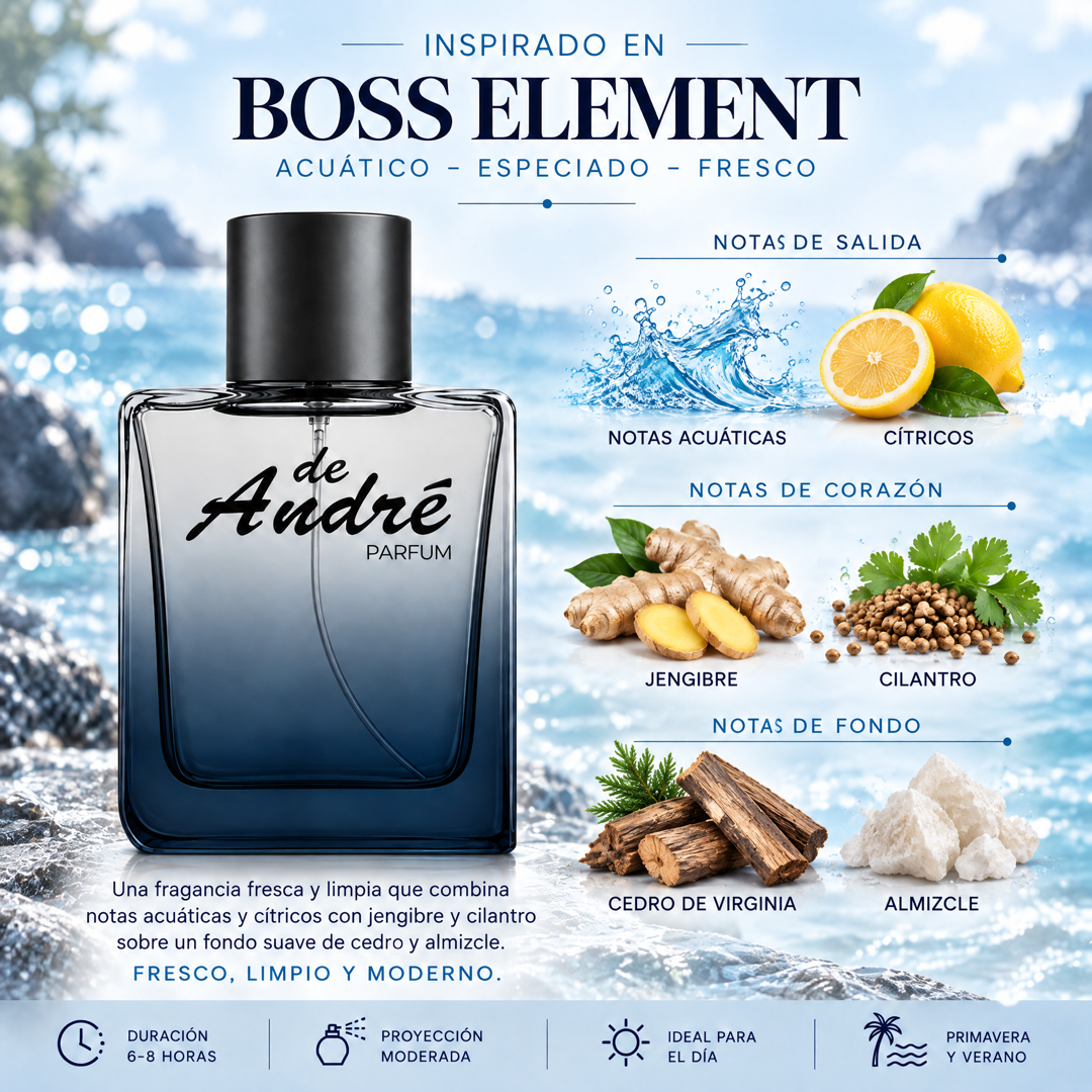 Notas olfativas del perfume inspirado en Boss Element: notas acuáticas, cítricos, jengibre, cilantro, cedro de Virginia y almizcle