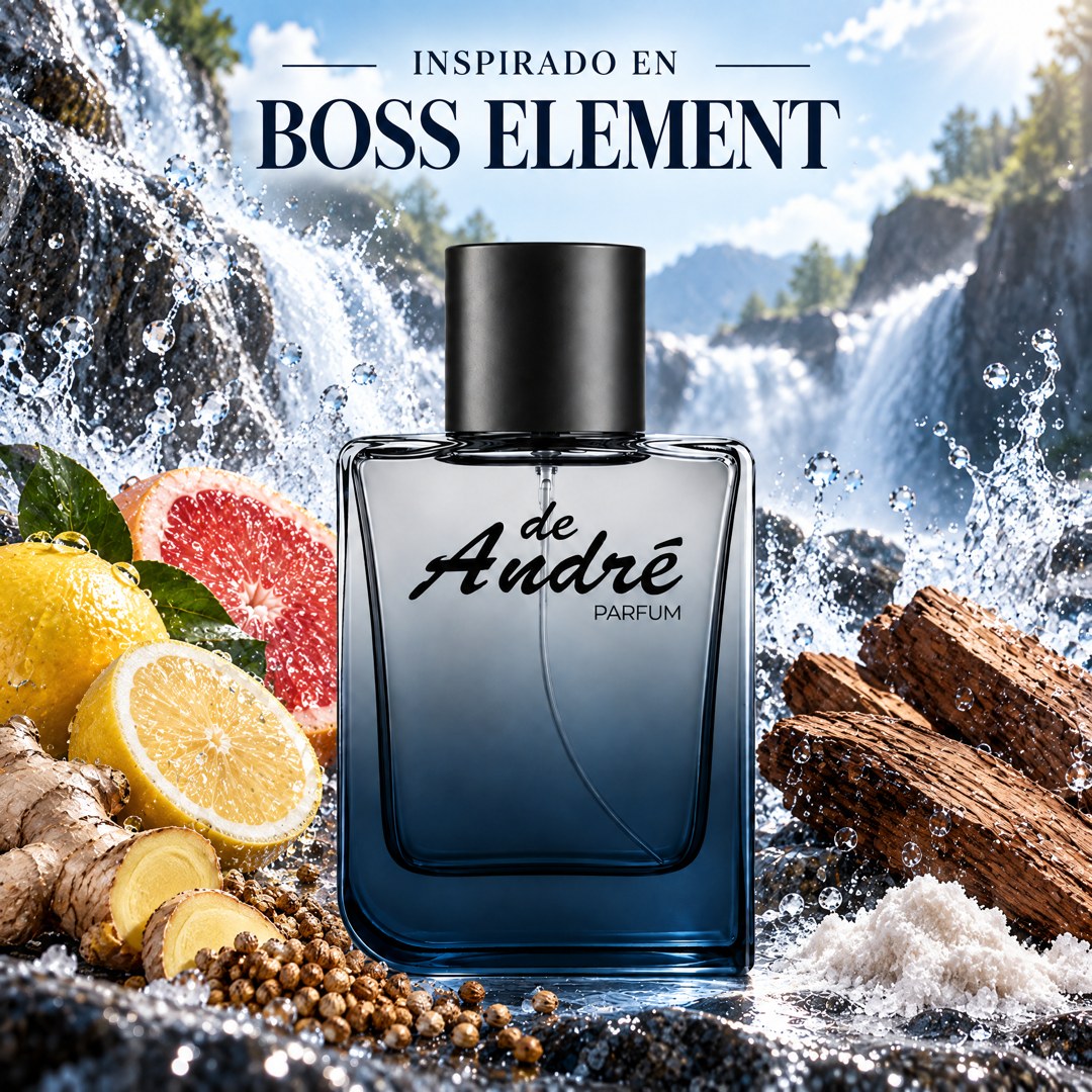 Perfume de hombre inspirado en Boss Element con notas acuáticas, cítricos, jengibre, cedro y almizcle